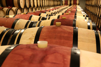 Full frame shot of wine casks in row