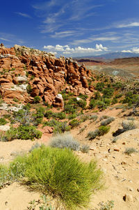 Rock formations on landscape against sky