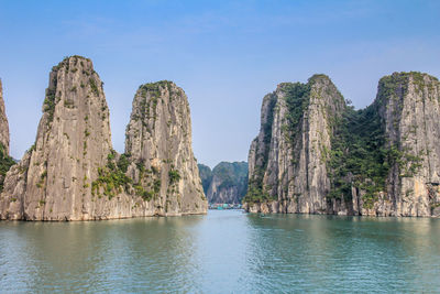 Panoramic view of rocks in sea against clear sky