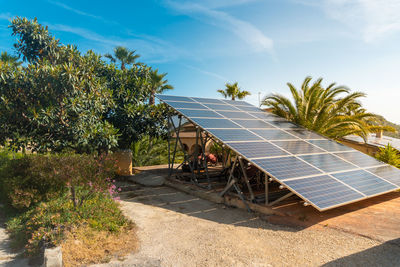 Solar panels installed outside a rural country house, in a natural environment, on a sunny day.