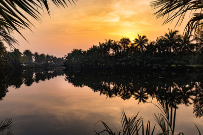 Scenic view of trees reflection in lake against orange sky during sunset