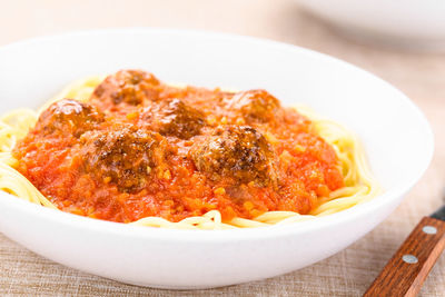 High angle view of pasta in plate on table