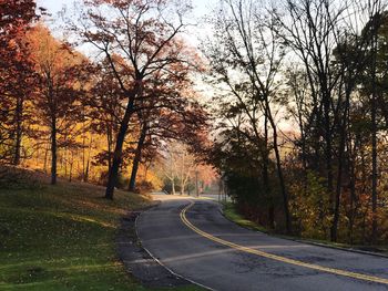 Road amidst trees against sky during sunset