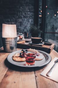 High angle view of breakfast served on table