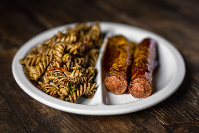 High angle view of food in plate on table