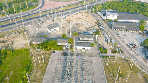 High angle view of buildings in city