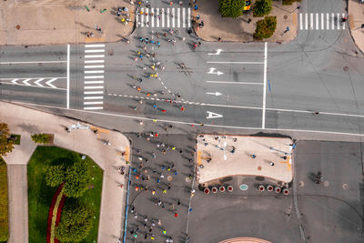 Aerial view of the people running marathon.