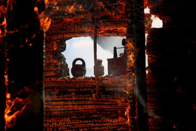 Historic building seen through window