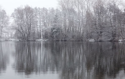 Reflection of bare trees in lake against sky