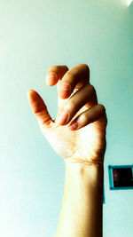 Close-up of person hand against white background