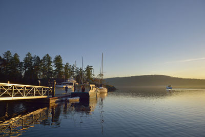 Scenic view of lake against clear sky during sunset