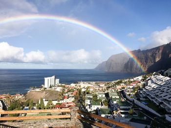 Panoramic view of rainbow over sea and buildings against sky