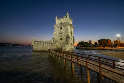 Scenic view of sea against clear sky at night