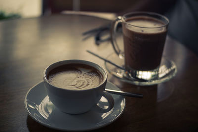 Coffee cup in plate on table