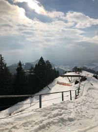 Scenic view of snow covered mountain against sky