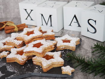 High angle view of cookies on table