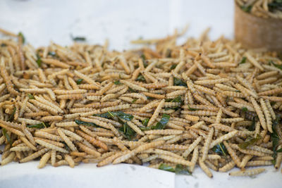 Close-up of fresh fried worms on wax paper at market stall