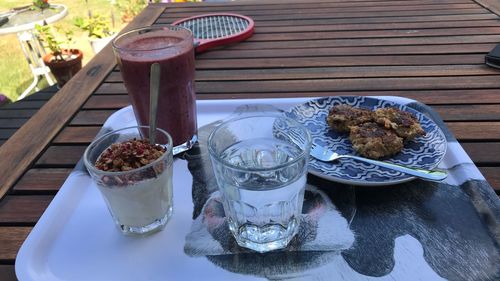 High angle view of food served on table