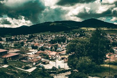 High angle shot of townscape against sky