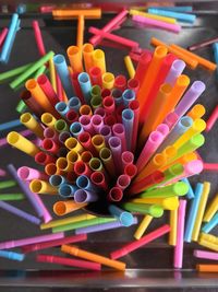 High angle view of multi colored pencils