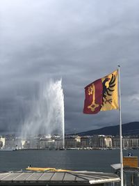 Scenic view of flag by sea against sky