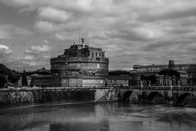 Bridge over river with buildings in background