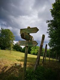 Road sign on wooden post in field against sky