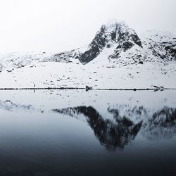 Scenic view of lake by mountain against clear sky during winter