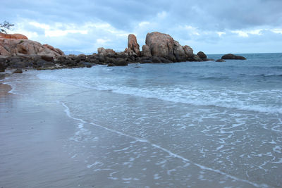 Scenic view of rocks in sea against sky