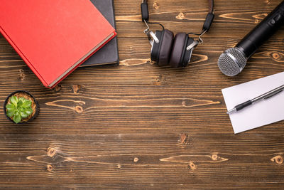 High angle view of books on table