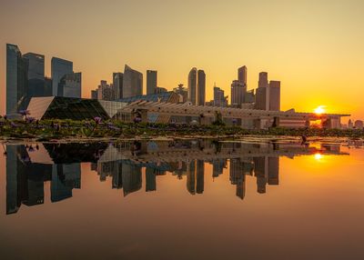 Reflection of buildings in lake against sky during sunset