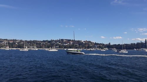 Sailboats in sea by buildings against blue sky