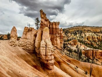 Rock formations against cloudy sky