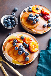 High angle view of breakfast served on table