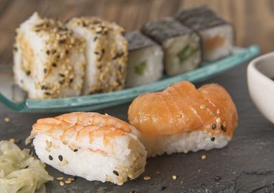 Close-up of sushi on table