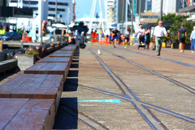 Surface level of railroad tracks in city