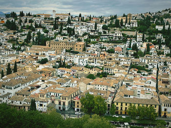 High angle shot of townscape against sky