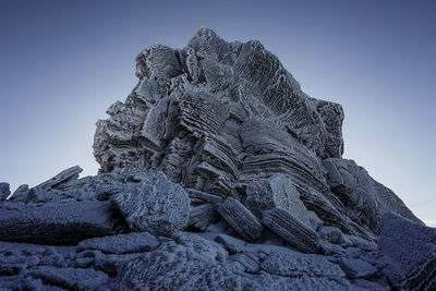 Low angle view of rock formation against clear sky