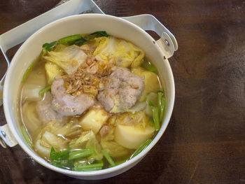 High angle view of soup in bowl on table