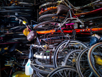 High angle view of bicycles in parking lot