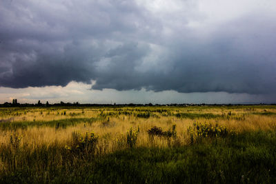 Scenic view of field against cloudy sky