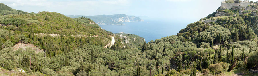 Panoramic view of trees and sea against sky