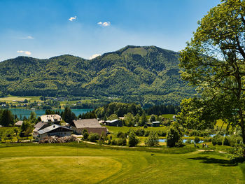 Scenic view of trees and buildings against sky