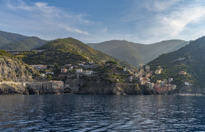 Scenic view of sea and mountains against sky