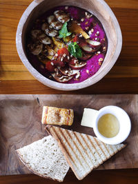 High angle view of food in bowl on table