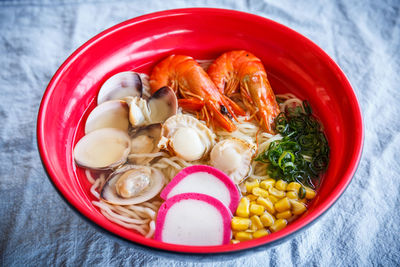 High angle view of salad in bowl on table