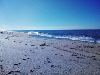 Scenic view of beach against clear blue sky