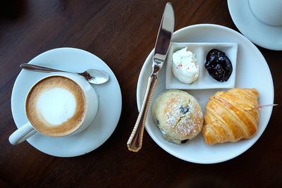 High angle view of breakfast served on table