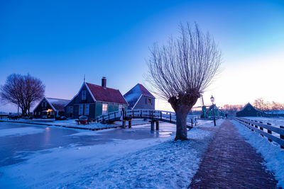 Snow covered road by bare trees and buildings against sky