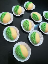 High angle view of cupcakes on table